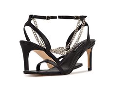 Nine West Tallo 3 - Women's Shoes : Black : Feel like an absolute diva when you slay in the sexy Nine West Tallo 3 strappy sandals. Faux leather upper. Man-made lining. Open square toe. Metallic chain embellishment. High heels. Ankle strap with buckle closure. Man-made outsole. Imported. Weight of footwear is based on a single item, not a pair. Trendy Strappy Evening Heels, Trendy Strapped Heels For Evening, Trendy Strappy Heels For Evening, High Heel Sandals With Multiple Straps For Party, Party Sandals With Multiple Straps And High Heels, Evening Sandals With Multiple Ankle Straps, Open Toe Heels With Chain Strap For Party, Chain Strap Open Toe Party Heels, Chain Strap Open Toe Heels For Parties