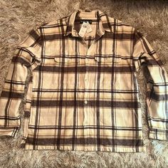 Abercrombie And Fitch Flannel Shirt Jacket In Cream/Brown/Beige Neutral Colors. Xl Tall Brown Camp Collar Tops For Fall, Fall Neutral Top With Button Closure, Neutral Tops With Button Closure For Fall, Neutral Top With Button Closure For Fall, Fall Neutral Button-up Top, Fall Casual Shacket With Camp Collar, Neutral Button-up Top For Fall, Casual Fall Shacket With Camp Collar, Casual Beige Collared Shacket