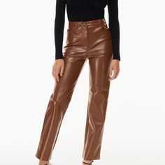 Brand New With Tags Aritzia Melina Pants In Cognac Size 4 Vegan Leather Brown Leasther Pants, Brown High-waisted Pants For Night Out, Chic Brown Straight Leg Bottoms, Chic Brown Tapered Leg Pants, Straight Pants For Fall, Elegant High Waist Brown Pants, Brown Wide Leg Pants For Night Out, Brown Trousers For Night Out, Elegant High-waisted Brown Leather Pants