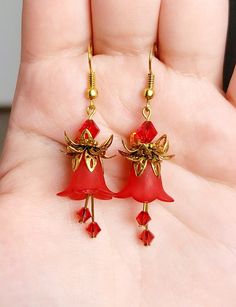 Red Gold Earrings, Fairytale Jewelry, Handmade Earings, Fairy Tale Jewelry, Red Flower Earrings, Glitter Stud Earrings, Jewellery Craft, Large Stud Earrings, Flower Drop Earrings