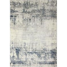 an area rug with blue and white designs on the front, in shades of gray