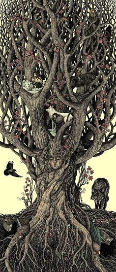 a drawing of a tree with many branches and birds flying around it, in the middle of