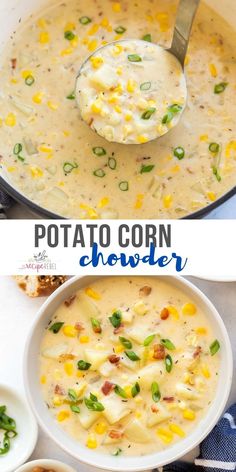 two pictures showing different types of potato corn chowder in white bowls with spoons