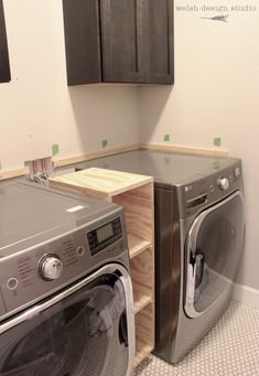 a washer and dryer in a small room with cabinets on the wall behind them