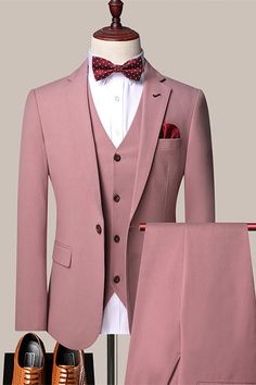 Elegant Slim Fit Suits With Buttons, Elegant Pink Tuxedo For Semi-formal Occasions, Elegant Pink Semi-formal Tuxedo, Pink Tailored Tuxedo, Elegant Tailored Pink Three-piece Suit, Elegant Pink Three-piece Suit For Formal Occasions, Pink Notch Lapel Tuxedo For Formal Occasions, Pink Fitted Tuxedo For Business, Groom's Three-piece Suit With Notch Lapel