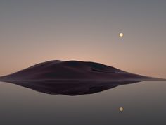 the moon is reflected in the water at dusk, as it rises above the sand dunes