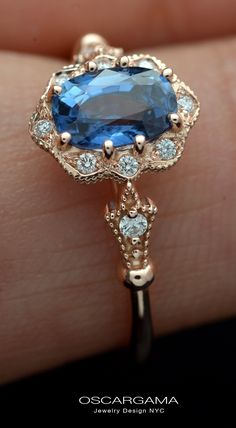 Rose Gold Engagement Ring with cornflower blue sapphire Blue Sapphire Wedding Band, Cornflower Blue Sapphire, Oval Halo Engagement Ring, Vintage Inspired Engagement Rings, Look Rose, Blue Corn, Vintage Inspired Rings, Engagement Rings Vintage Halo, Ceylon Sapphire