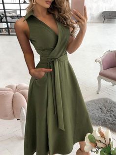 Pocket Design Sleeveless Wrap Shirt Dress With Belt - LuckyFash™ Wrap Shirt Dress, Shirt Dress Summer, Emerald Green Dresses, Day To Night Dresses, Long Sleeve Wrap Dress, Printed Summer Dresses, Soft Dress, Sleeveless Long Dress, Long Sleeve Casual Dress