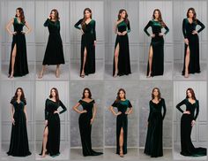 a collage of photos showing the different styles of dresses worn by women in green and black