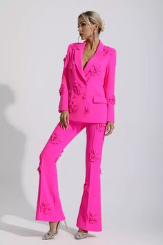 Elegant Floral Print Long-sleeved Suits, Elegant Formal Blazer With Floral Print, Elegant Long Sleeve Suits With Floral Print, Elegant Floral Embroidered Blazer For Wedding, Elegant Blazer With Floral Embroidery For Wedding, Pink Festive Workwear Sets, Festive Pink Workwear Sets, Elegant Party Blazer With Floral Embroidery, Fitted Floral Print Blazer For Party