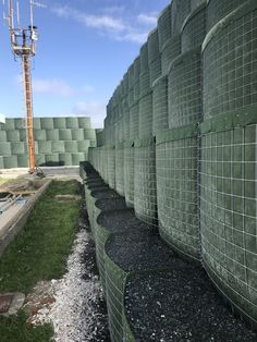 the fence is made of green wire and has grass growing on it, along with gravel