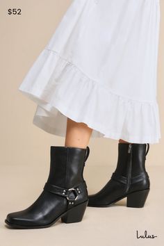 Take edgy cuteness to a sleek new level with the Lulus Sammson Black Mid-Calf Moto Boots! Smooth faux leather shapes these trendy boots with a square toe upper that rises to a 7.25"" mid-calf shaft with an 11"" circumference. Matching studded straps come together at a gunmetal O-ring at the outstep for a moto-inspired design. A pull tab at the heel and a 6.5"" zipper at the instep make for easy, everyday styling! 3" stacked heel. Cushioned insole. Rubber sole has nonskid markings. Man made mater Fall Wide Calf Moto Boots With Square Toe, Fall Moto Boots With Wide Calf And Square Toe, Edgy Wide Calf Mid-calf Boots For Fall, Trendy Fitted Moto Boots For Fall, Fall Moto Boots With Stacked Heel And High Ankle, Chic High Ankle Boots With Buckle Closure, Workwear Moto Boots With Stacked Heel, Western Mid-calf Boots With Stacked Heel And Square Toe, Western Mid-calf Boots With Square Toe And Stacked Heel