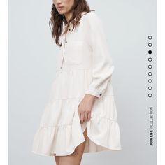 Zara Lapel Collar Dress With Long Sleeves. Front Patch Pockets. Flounced Hem. Front Button Closure. S: Armpit To Armpit 18” Length 33” L: Armpit To Armpit 20”Length 33” Spring Button-up Ruffle Dresses, Spring Button-up Dresses With Ruffles, Summer Long Sleeve Tiered Dress With Ruffle Hem, Long Sleeve Tiered Dress With Ruffle Hem For Summer, Cream Dress With Ruffle Hem For Fall, Feminine Summer Shirt Dress With Ruffles, Feminine Ruffled Summer Shirt Dress, Feminine Ruffled Shirt Dress For Summer, Summer Feminine Ruffled Shirt Dress