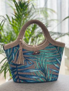 "Blue-Green Palm Leaf Print, Handmade Tote Bag Digital Print Fabric Lining Color: Beige Color: Multicolor Length: 30 cm / 11.8\" (including bag handle) Width: 32 cm / 12.5\" Bag Base: 8.6'' cm  Made In Turkey" Palm Leaf Bag, Summer Tote Bag, Double Earrings, Summer Tote Bags, Crown Necklace, Palm Leaves Print, Summer Tote, Handmade Tote, Luxury Bag