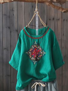 SPU:E5ZSH5698DBSleeve Type:Short SleeveMaterial:LinenNeckline:Round NeckTheme:Spring/Fall,SummerColor:Navy Blue,Yellow,Green,White,RedSize:One-size Green Bohemian T-shirt For Summer, Green Relaxed Fit T-shirt With Half Sleeves, Green Half Sleeve Summer Tops, Casual Short Sleeve Embroidered Summer Top, Green Cotton Shirt With Floral Embroidery, Embroidered Crew Neck Blouse For Summer, Embroidered Half Sleeve Top For Summer, Embroidered Half Sleeve Cotton Tops, Green Crew Neck Blouse For Summer