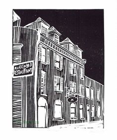 a black and white drawing of a building at night with street signs on the corner