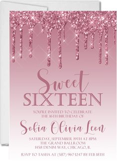 Pink Ombre Sweet 16 Party Invitations Sweet 16 Pink And White Theme, Pink And White Sweet 16, White Ombre Background, 16 Birthday Party Invitations, 16 Party Invitations, Pink Sweet 16 Invitations, Pretty In Pink Birthday Invitations, Pink Glitter Paint, Pink And Gold Sweet 16 Invitations