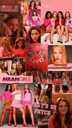 the mean girls collage is shown in pink and red colors, including two women with different