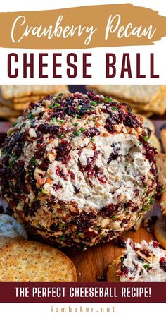 Whole Cranberry Pecan Cheese Ball on a Dark Cutting Board Surrounded by Crackers. Dried Cranberry Appetizers, Mini Cheeseball Recipes Appetizers, Pecan And Cranberry Cheese Ball, Charcuterie Cheese Ball, Cheeseball Platter Ideas, Cheese Ball Cranberry Pecan, Cheese Ball With Cranberries And Pecans, Cranberry And Pecan Cheese Ball, Cheese And Crackers Christmas