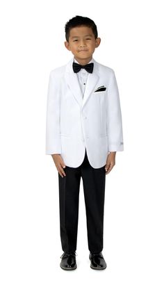 PRICES MAY VARY. Single breasted jacket, slightly tapered at the waist. Fully lined. Hankerchief included only for the two contrasing jacket and pants colors. White tuxedo shirt with wing tip collar and removable White Jacket/Black Pants studs(buttons). For size 2T-4T, pants has flat front and elastic back. For size 5 to 20, pants has button zipper front and elastic sides. Fully lined vest has adjustable straps at back. Adjustable around the neck bowtie with buckle at back for easy closure. For White Single-breasted Long Sleeve Sets, White Jacket Black Pants, Modern Tuxedo, Vest And Bow Tie, Off White Jacket, White Bow Tie, Tuxedo Shirt, White Tuxedo, Tuxedo Shirts