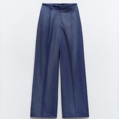 Zara Wide Leg Pants Darts Nwt High Waisted With Front Pleats Front Welt Pockets And Back False Welt Pocket Front Zip Metal Hock And Exterior Button Closure Blue Color M Size Chic High Waist Jeans With Welt Pockets, Elegant Wide Leg Spring Jeans, Elegant Denim Bottoms For Workwear, Elegant High Waist Jeans For Work, Summer Wide Leg Jeans With Welt Pockets, Denim Blue Wide Leg Work Pants With Pockets, Denim Blue Wide Leg Pants With Pockets For Work, Chic Denim Workwear Bottoms, Chic Denim Bottoms For Work