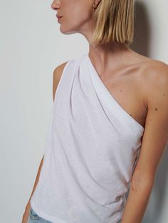 The single shoulder tank (everyone needs one). Subtle pleats on the shoulder and an effortlessly draped silhouette? Chic. (This one comes in Optic White.) | Women's Emberly One Shoulder Top in White | Ethical Essentials One Shoulder Top, Crop Top Sweater, Crop Top Blouse, One Shoulder Tops, Romper Dress, Girls Night Out, Blazer Coat, Pima Cotton, Tee Shop