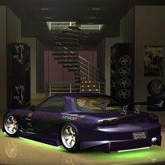 a purple sports car parked in front of a stair case with green lights on it