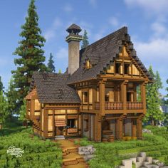 Rustic Houses Minecraft, Minecraft Houses Hillside, Dark Oak And Birch Minecraft House, Cliffside Village Minecraft, Minecraft House Exterior Design, Village Minecraft Builds, Medival Minecraft Buildings, Minecraft Build Designs, Dark Academia Minecraft House