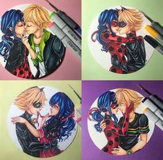 four pictures of two people kissing each other with marker pens in front of the photo