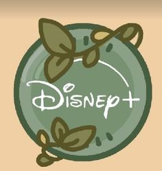 the logo for disney plus with leaves and branches on it's back side, in front of a beige background