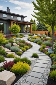 a garden with rocks and plants in front of a house that has a stone path leading to the entrance