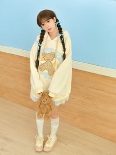 Teddy Always Cute Angel Bear Inner Fleece Hoodie - ntbhshop Kawaii Cotton Hoodie For Winter, Teddy Bear Hoodie Outfit, Kawaii Long Sleeve Hoodie With Cartoon Print, Kawaii Fleece Hoodie Sweatshirt, Teddy Bear Hoodie With Ears, Angel Bear, Your Adorable, Cute Angel, Color Free