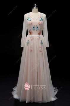 Vintage Embroidered Flower Pink Long Sleeve Evening Dress Bridal Shower Evening, Long Sleeve Evening Dress, Floral Prom Dresses, Long Sleeve Evening Dresses, Designer Prom Dresses, Soft Tulle, Evening Formal, Formal Gown, Evening Dresses Long