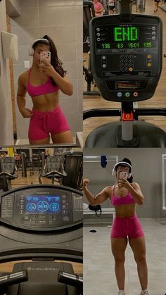 a woman in pink shorts standing next to a treadmill and holding a cell phone