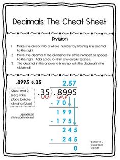 Decimal Operations Cheat Sheet (Adding, Subtracting, Multiplying, and Dividing) Mathematics Images, Tutoring Tips, Ged Math, Math Worksheets For Kids, Math Cheat Sheet, Multiplication Fun, Math Genius