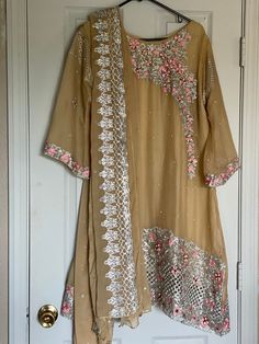 XL Pakistani hand-stitched Designer dress, made to be worn in special events or even casually! Fitted Anarkali Kurta Hand Embellished, Fitted Anarkali Kurta With Hand Embellished Details, Summer Anarkali Embellished Dress, Summer Silk Anarkali Kurta, Silk Anarkali Summer Dress, Summer Silk Anarkali Dress, Fitted Hand Embellished Kurta For Eid, Fitted Hand Embellished Kurta For Festive Occasions, Hand Embellished Fitted Kurta For Festive Occasions