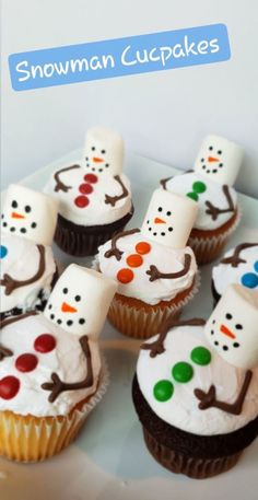 snowman cupcakes on a plate with frosting