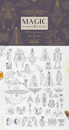 an image of the back cover of a book with drawings on it and gold foil