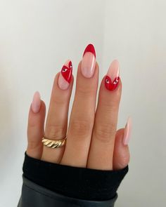 Charlotte 🦋 on Instagram: "The cosy winter days are diminishing, see you later dark nails and knit jumpers👋🏼 Created using @the_gelbottle_inc (pinky to thumb) Jet…" Heart Tip Nails, Pink French Tips, Red Nail, Dark Nails, French Tips, French Tip Nails