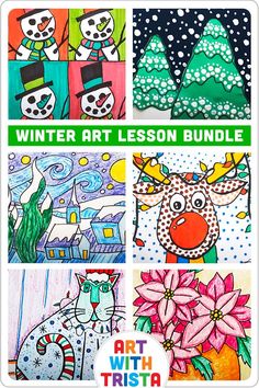 the winter art lesson bundle includes four different pictures, including snowmen and christmas trees