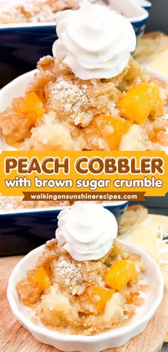 Here's an easy summertime dessert for you! This Peach Cobbler with Brown Sugar Crumble is made with canned peaches and brown sugar crumb topping. It's a peach crisp and peach cobbler in one! It also makes an easy 4th of July dessert! Crumble Topping For Peach Cobbler, Crispy Peach Cobbler Easy, Peach Cobbler With Crunchy Topping, Canned Peach Crumble, Peach Cobbler With Streusel Topping, Peach Crunch Cobbler, Stove Top Peach Cobbler, Peach Cobbler With Crumble Top, Peach Crumble With Canned Peaches