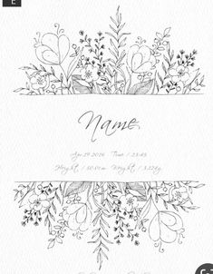 the front and back side of a wedding card with flowers on it, in black ink