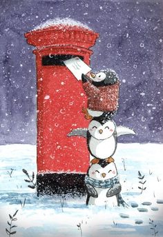 two penguins are standing in front of a red mailbox with snow falling on it