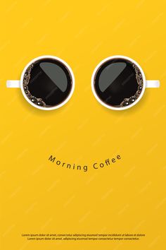 two cups of coffee with the words morning coffee in front of them on a yellow background