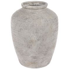 a large gray vase sitting on top of a white table