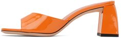 Patent leather slip-on heeled sandals in orange. · Open square toe · Logo embossed at padded leather footbed · Covered block heel with rubber injection · Leather sole · Heel: H2.75 in Supplier color: Orange Orange Sculpted Heel Heels For Summer, Summer Patent Leather Mules With Sculpted Heel, Orange High Heel Mules For Spring, Modern Orange High Heel Sandals, Modern Orange Heels With Padded Heel, Orange Heels With Sculpted Heel For Spring, Modern Orange Open Toe Heels, Orange Open Heel Mules For Spring, Spring Orange Patent Leather Heels