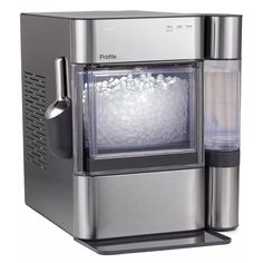 a machine that has ice in it and is silver with black trim on the front