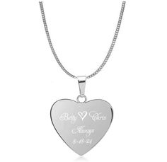 Our custom engraved silver heart necklace is a great gift that can be personalized for that special someone. Great for bridesmaid, flower girls, best friends, or the love of your life. Engrave the heart with names, dates, or a message of love. If you would like to engrave a heart between the names, you can simply write "heart" in the desired location. Both sides of the heart pendant can be engraved. This high polished stainless steel pendant will never tarnish or fade or change color. Dimensions: 1" x  1" Material Stainless Steel Medium Size Heart A chain is included with the heart pendant Upon purchase you can send the text you would like engraved. If the engraving is too long or needs to be revised in any way, you will be contacted in a reply message with the revision that is required. Y Personalized Stainless Steel Heart Necklace For Anniversary, Heart Cut Heart Necklace For Mother's Day Wedding, Heart Cut Heart Necklace For Wedding On Mother's Day, Heart Cut Necklace For Wedding And Mother's Day, Personalized Stainless Steel Heart Necklace For Mother's Day, Heart-shaped Wedding Necklace With Engraving Option, Heart Shaped Wedding Necklace With Engraving Option, Personalized Stainless Steel Heart Necklace, Mother's Day Engraved Stainless Steel Heart Necklace