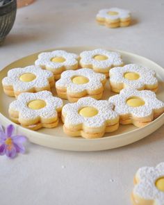 small cookies with powdered sugar are arranged on a white plate next to purple flowers