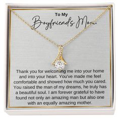 a gold necklace with a white diamond in the center and an inscription on it that says, to my boyfriend's mom